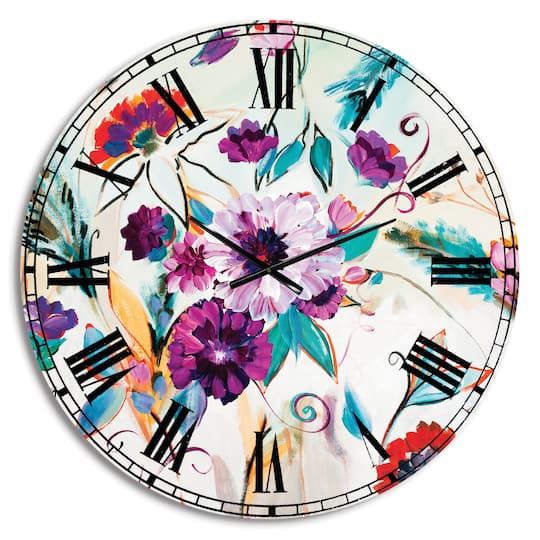 Designart Abstract Purple & Red Farmhouse Flowers Traditional Wall Clock